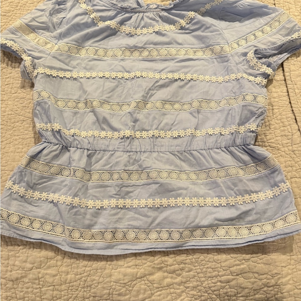 J. Crew Light Blue Blouse with White Lace Accents